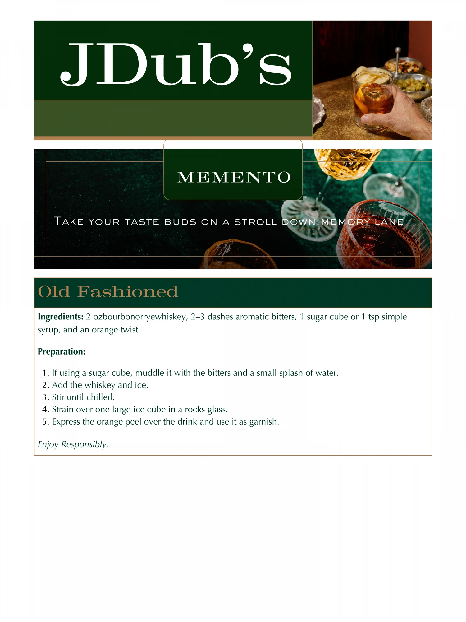 JDub's printed cocktail menu — Old Fashioned recipe board